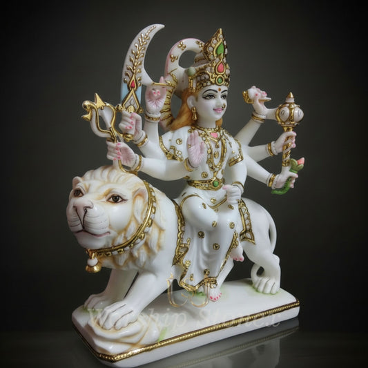 White Marble Durga Maa Riding Lion Statue with Intricate Gold Work