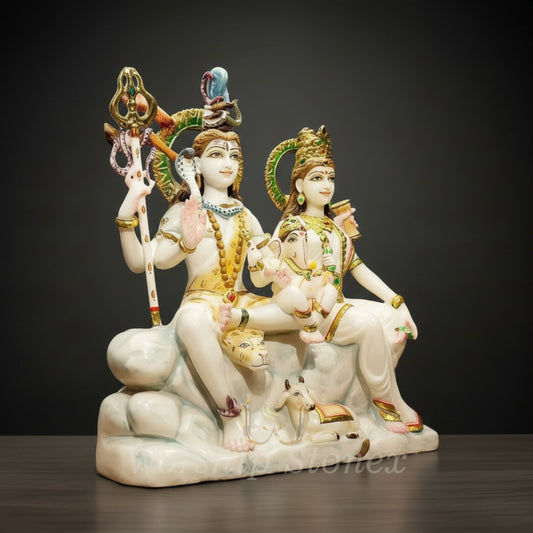 Divine White Marble Lord Shiva Family Statue with Ornate Handcrafted Detailing