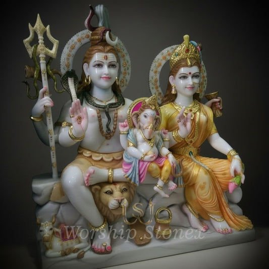 White Marble Shiv Parivar Statue with Elegant Golden Detailing