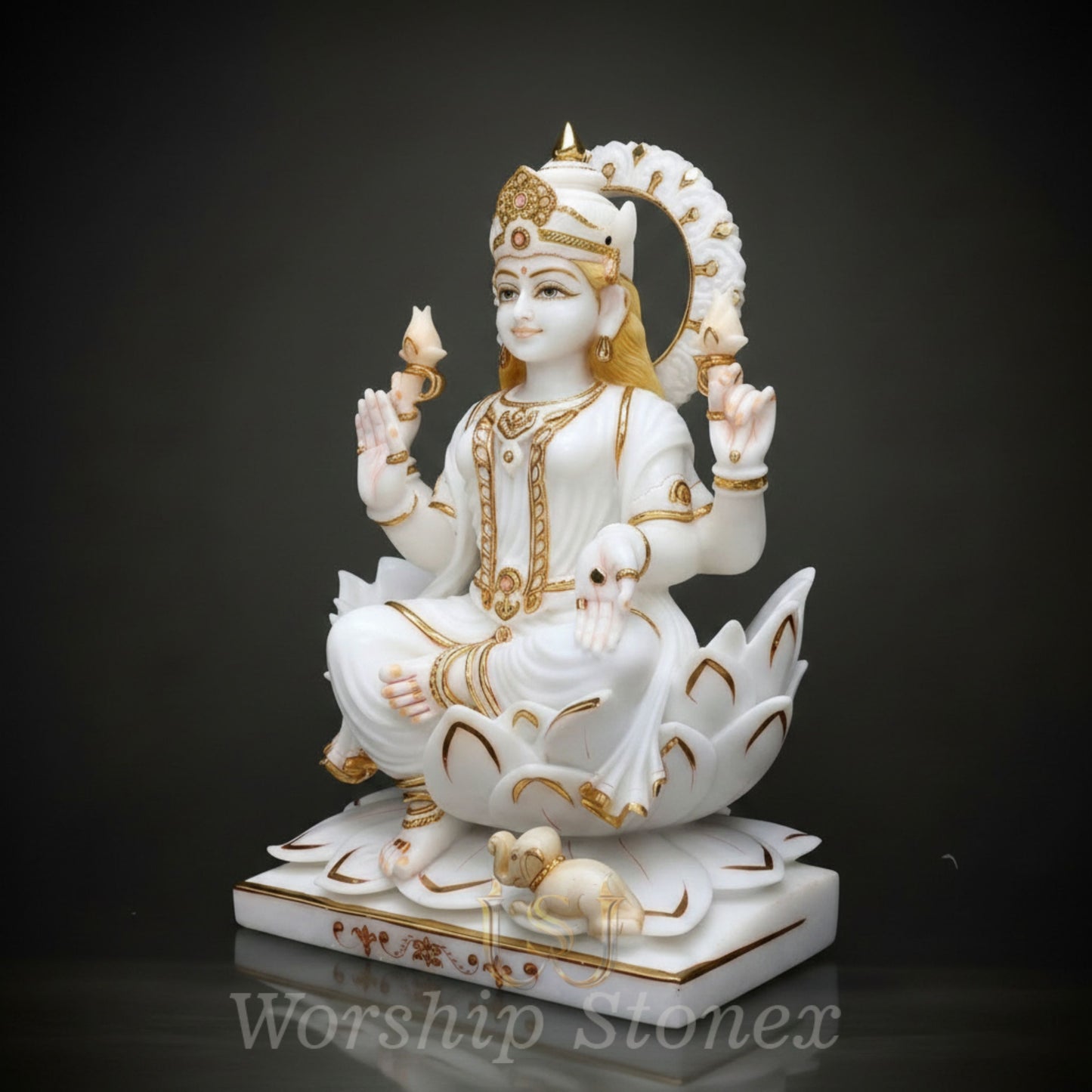 White Marble Goddess Lakshmi Statue with Gold Highlights