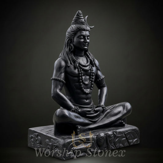 Black Marble Meditating Shiva Statue with Divine Handcrafted Detailing