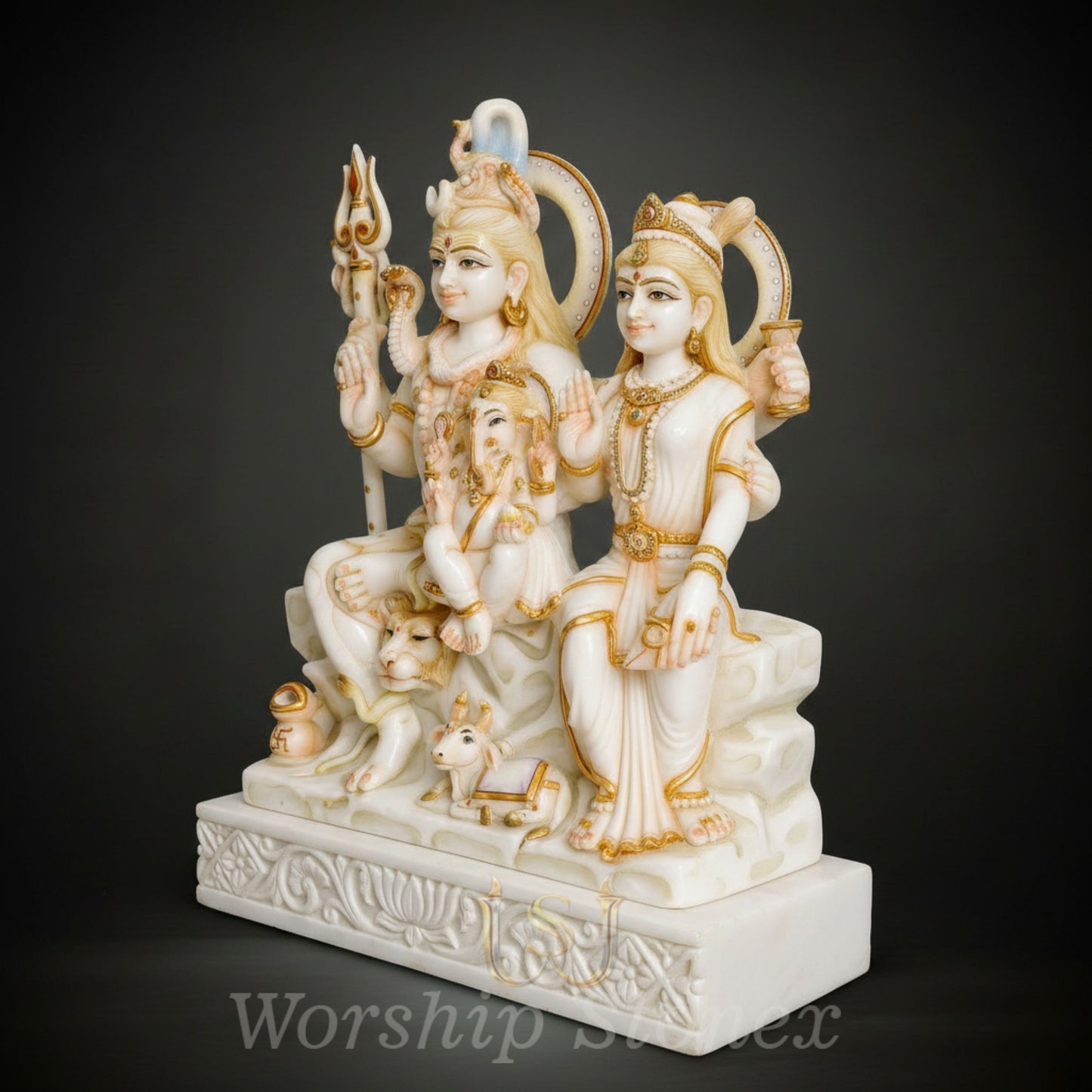 White Marble Shiv Parivar Statue with Golden Handcrafted Detailing