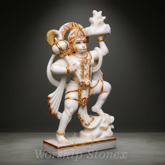 White Marble Lord Hanuman Statue with Gold Embellished Divine Detailing