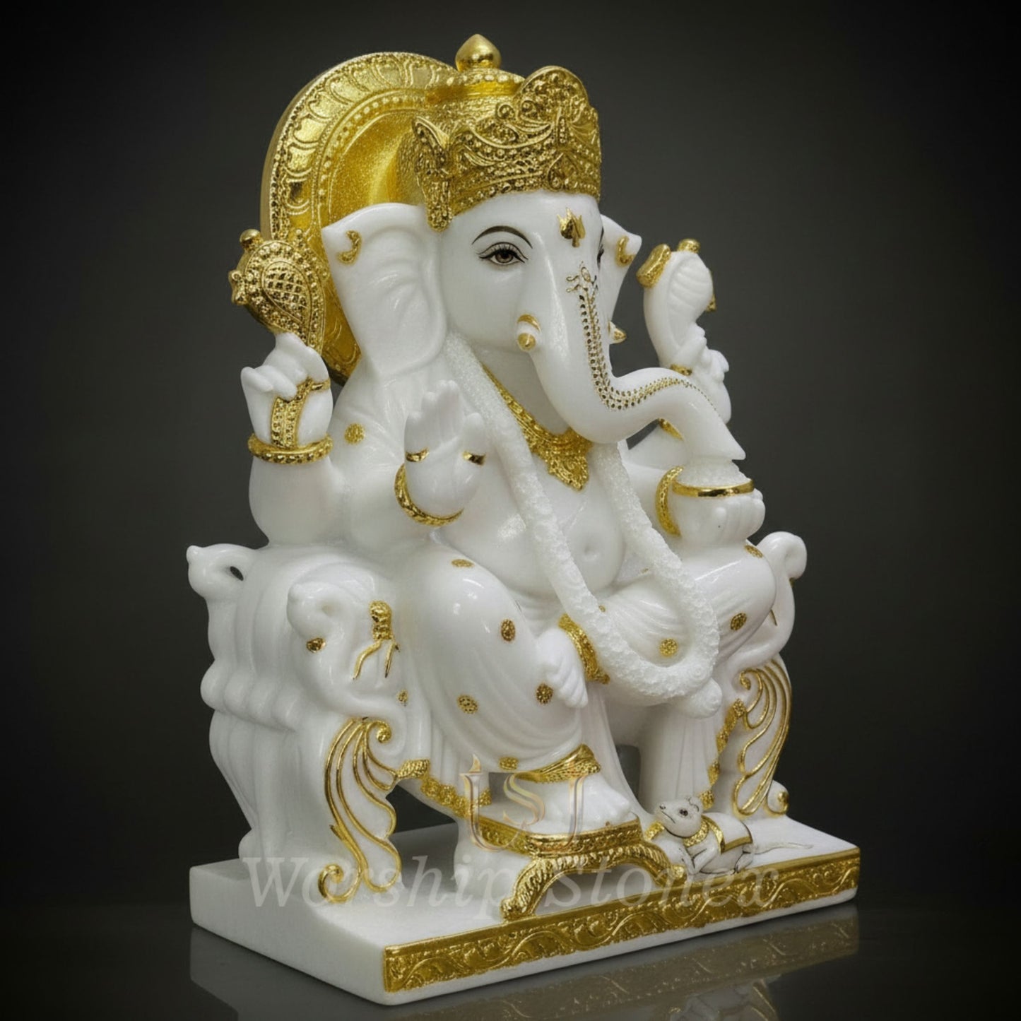 White Marble Finish Lord Ganesha Idol with Golden Detailing – Decorative Ganpati Statue for Home, Office & Temple