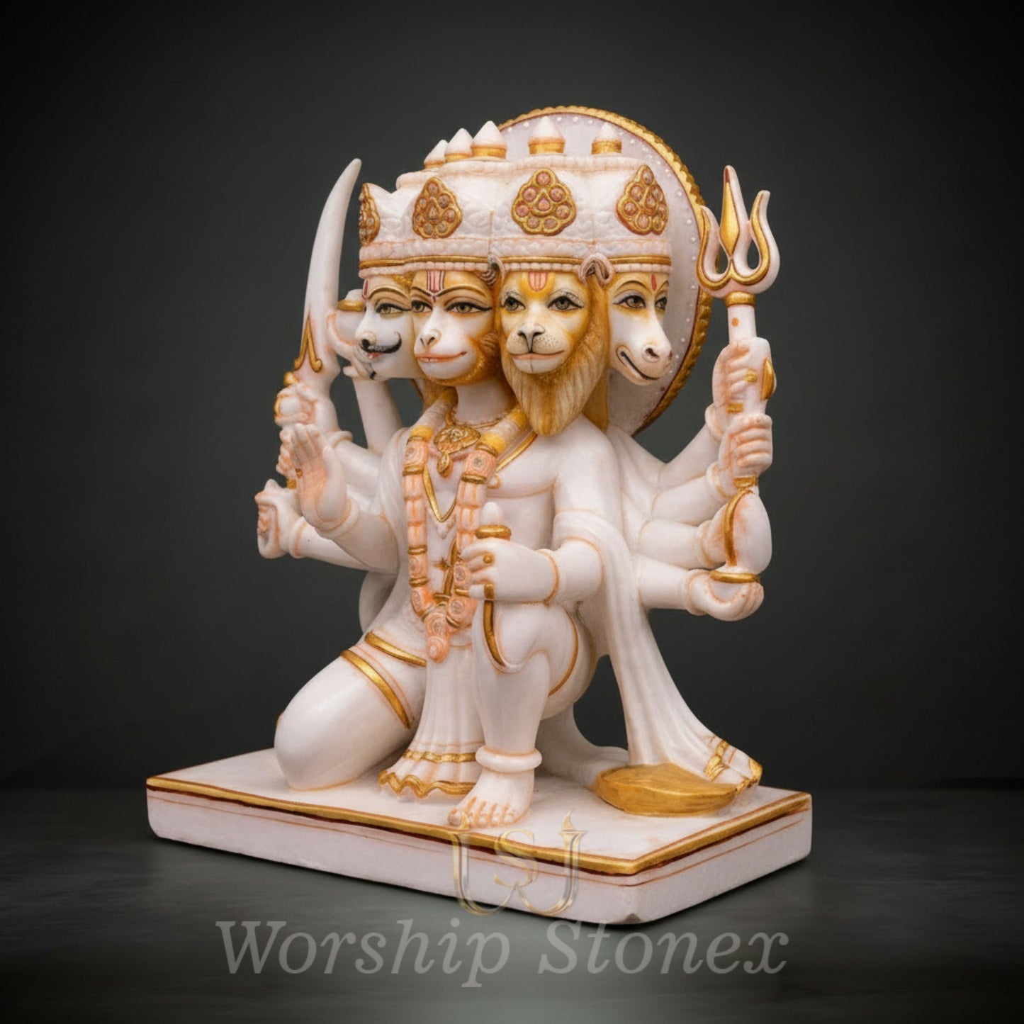 White Marble Panchmukhi Hanuman Statue with Divine Gold Handcrafted Detailing