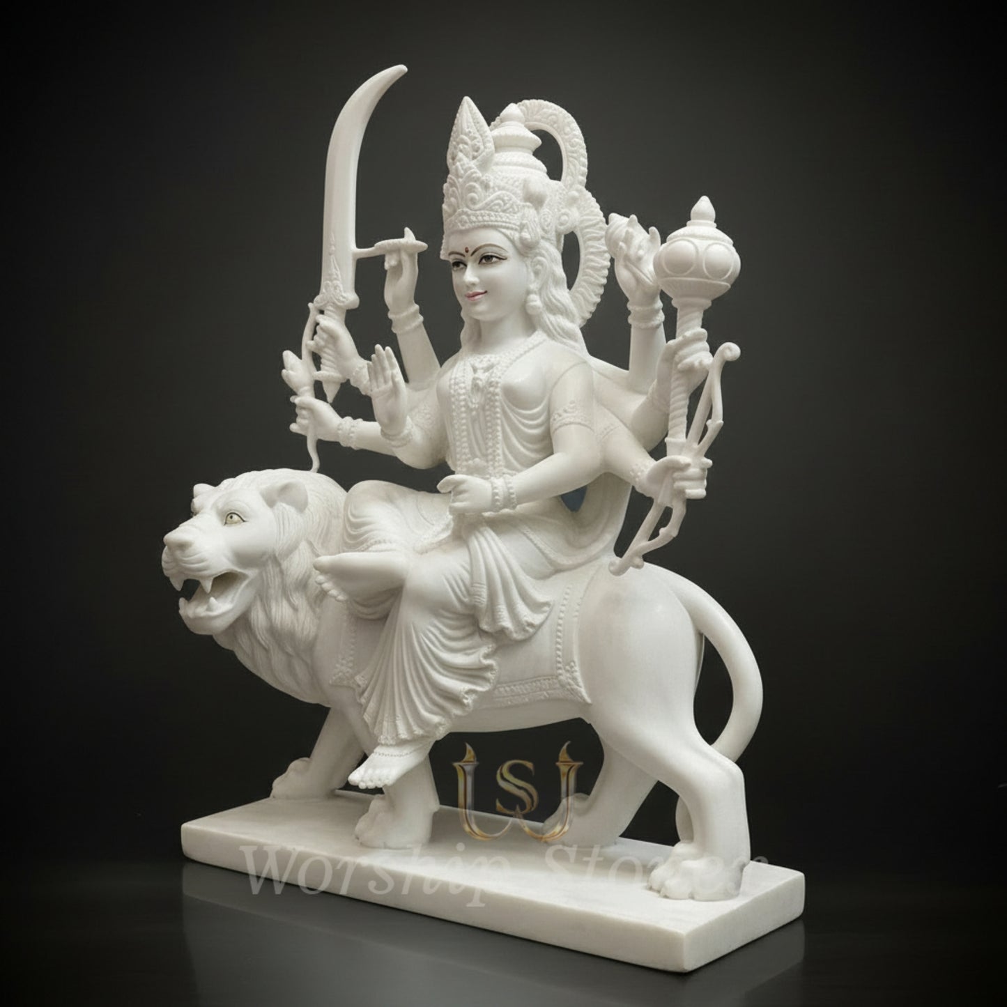 Premium White Marble Durga Maa Statue - Handcrafted Sheravali Mata Murti for Home Mandir