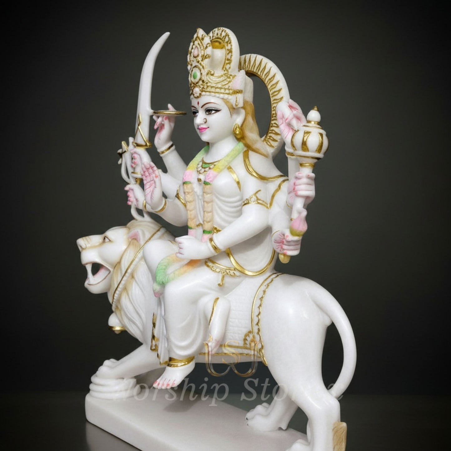 White Marble Durga Maa Statue on Lion with Gold Accents