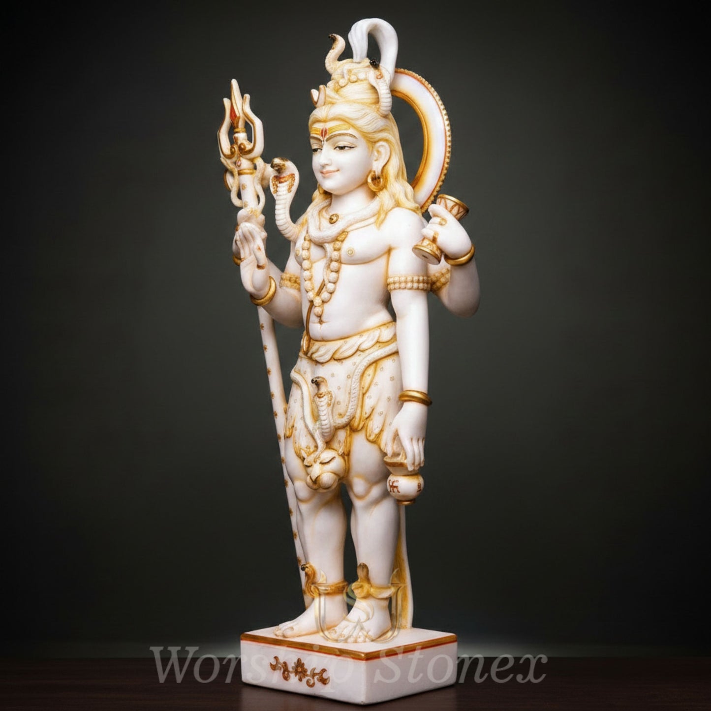 White Marble Standing Shiva Statue with Golden Handcrafted Detailing