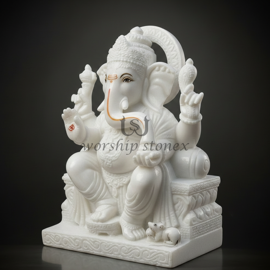 Handcrafted White Marble Lord Ganesha Idol – Premium Ganpati Murti for Home Temple
