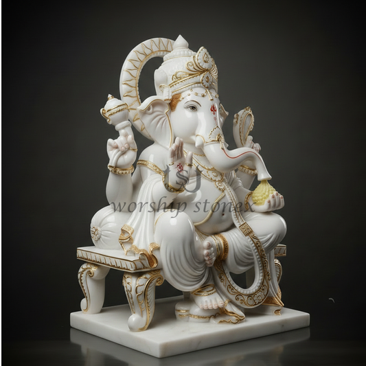 Divine White & Gold Marble Ganesha Idol - Elegant Lord Ganesha Sculpture for Vastu & Gifting