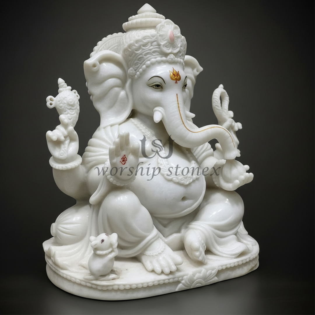 Premium White Marble Lord Ganesha Idol – Handcrafted Ganpati Murti for Home Temple