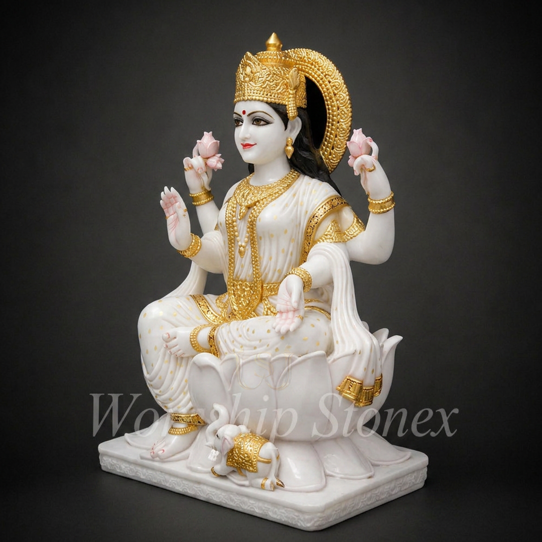 Exquisite White Marble Goddess Lakshmi Statue with Ornate Gold Jewelry