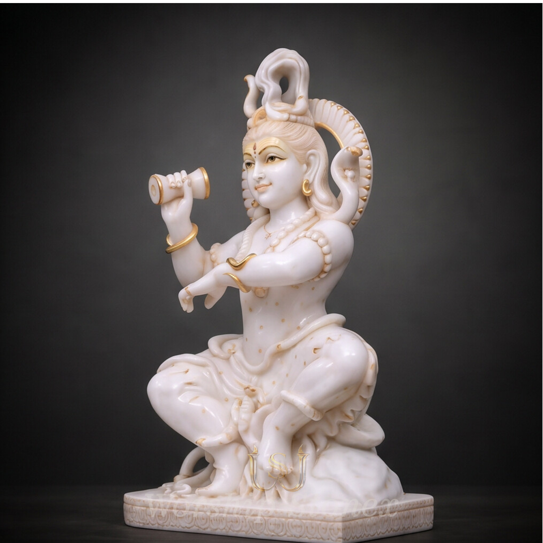 White Marble Nataraja Shiva Statue with Elegant Golden Detailing
