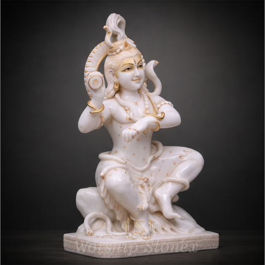 White Marble Nataraja Shiva Statue with Elegant Golden Detailing