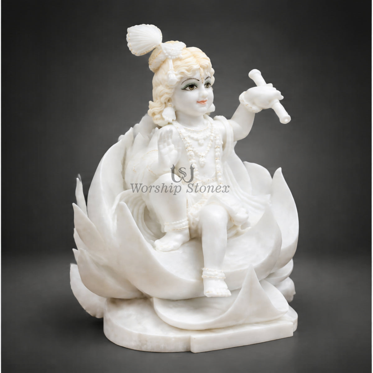 15-Inch Pure White Makrana Marble Laddu Gopal Krishna Murti Seated on Lotus