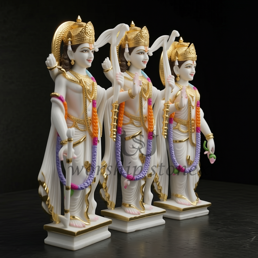 18 Inch Premium Makrana Marble Ram Darbar Statue Set – Lord Ram, Lakshman & Goddess Sita | Handcrafted with Gold Detailing