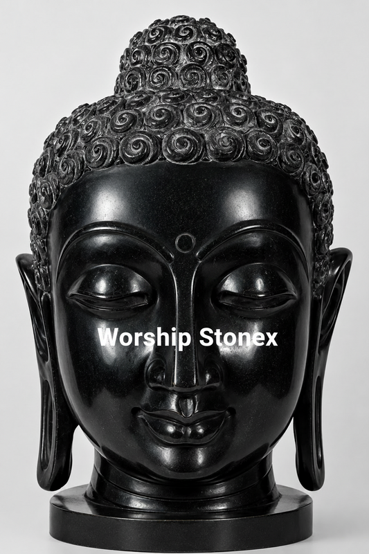 15 Inch Handcrafted Black Marble Buddha Head Statue | Glossy Finish Meditation & Home Decor Sculpture
