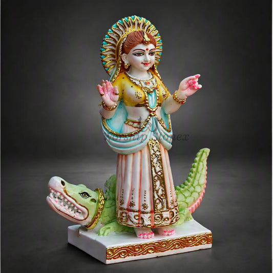 18 inch Vietnam White Marble Khodiyar Mata Statue – Standing Goddess Idol on Green Crocodile Vahana with Gold Work