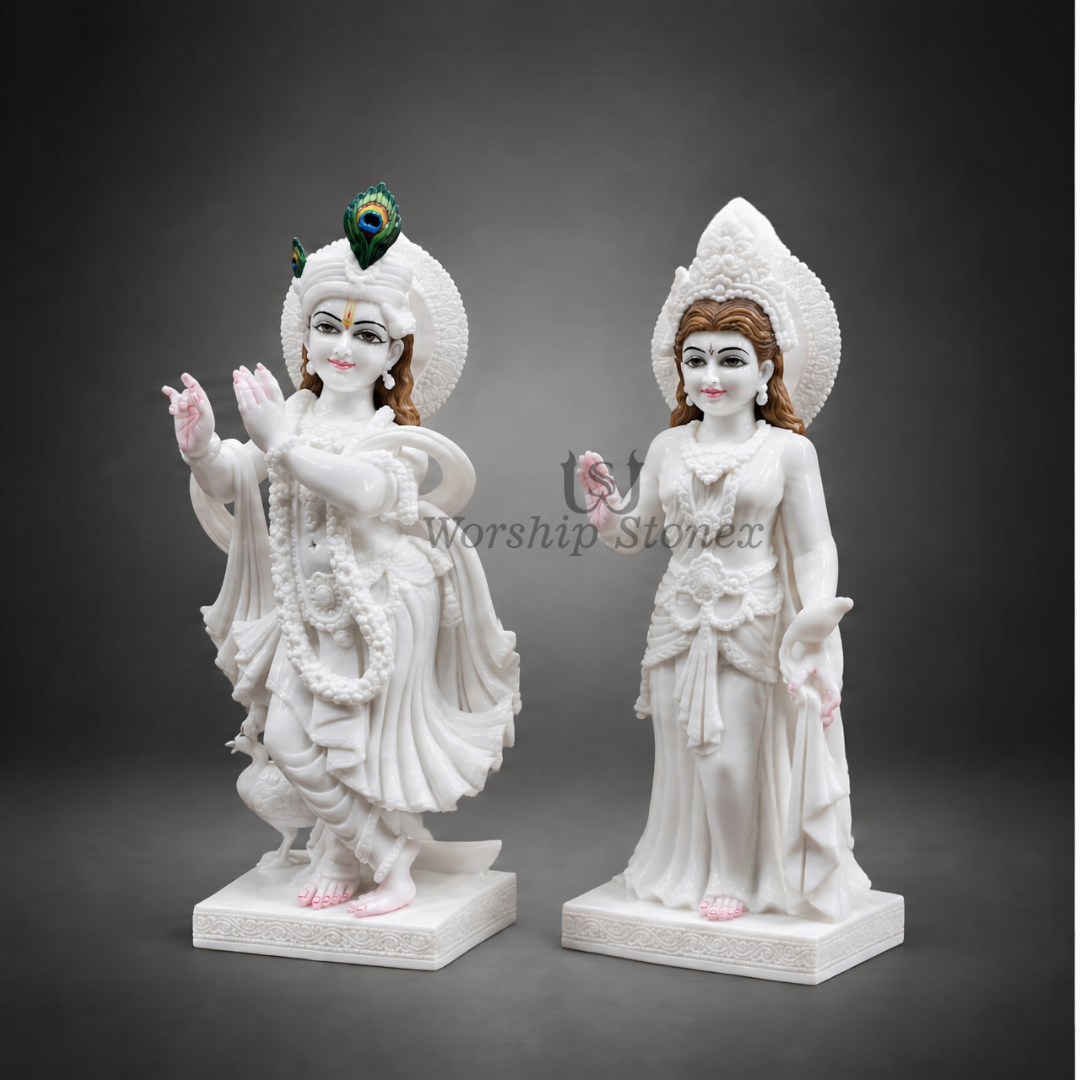 12 Inch Makrana Marble Radha Krishna Statue | Handmade Radha Krishna Murti for Home Temple