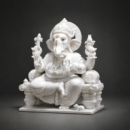 6' to 18' White Marble Lord Ganesha Murti – Premium Seated Design