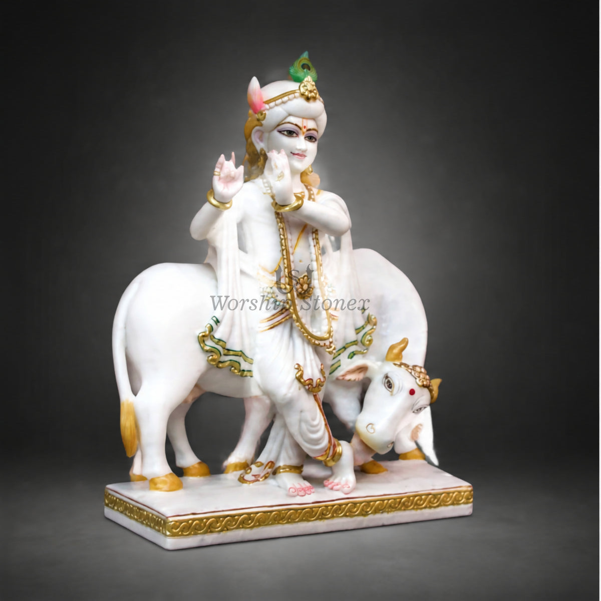 12 inch to 36 inch Makrana White Marble Lord Krishna with Cow Statue – Standing Flute Krishna Idol with Gold Work