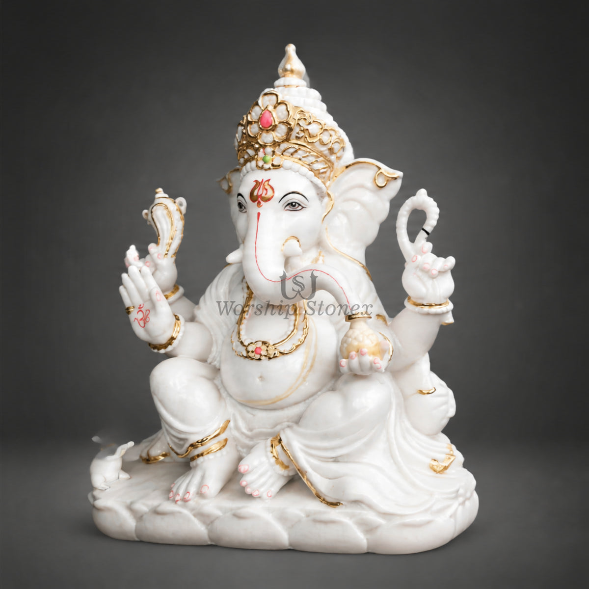 12 Inch White Marble Lord Ganesha Idol with Gold Work – Premium Designer Ganesh Murti