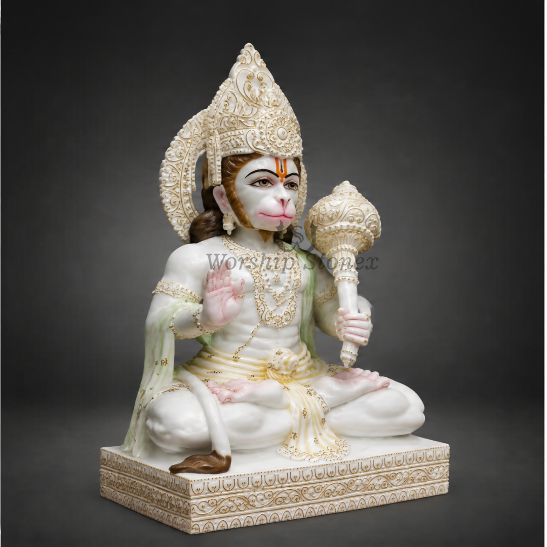 18 inch Divine Seated Lord Hanuman Ji Vietnam White Marble Murti (Gold Embossed Finish)