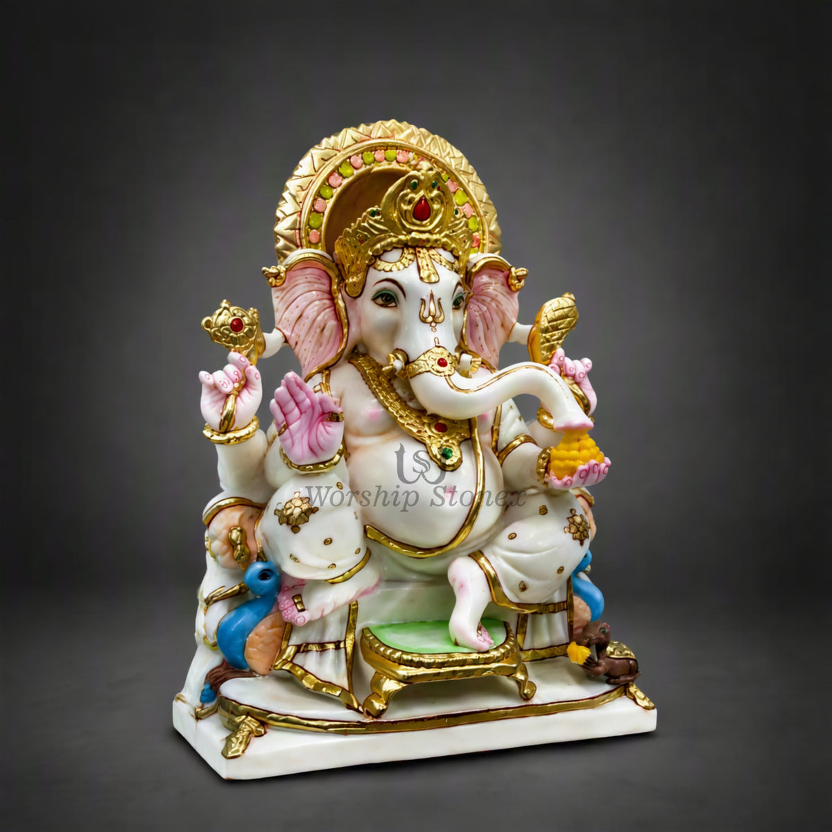 15" Pure White Marble Seated Lord Ganesha Idol with Gold Painting