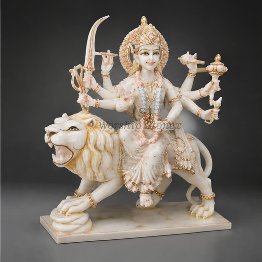 24 inch Maa Durga (Sherawali) Vietnam White Marble Murti (Gold Embossed Finish)