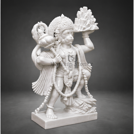 15 inch Standing Lord Hanuman Ji Makrana White Marble Murti,idol, statue (Meenakari & Gold Finish)