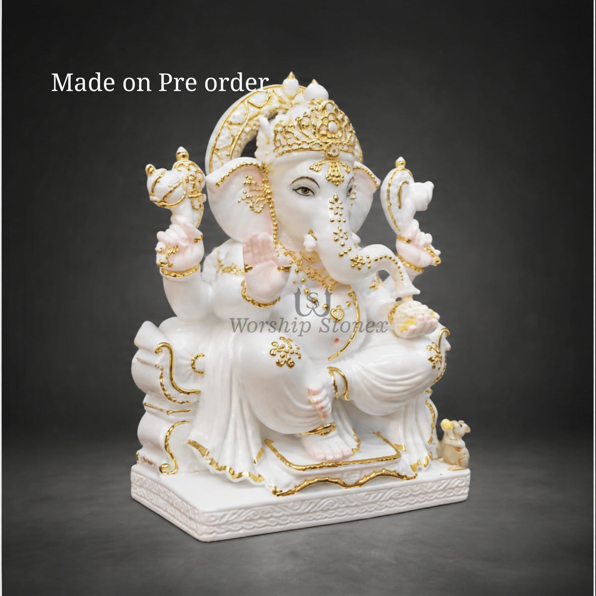 Makrana Marble White and Gold Ganesh Ji Murti - 15 inch