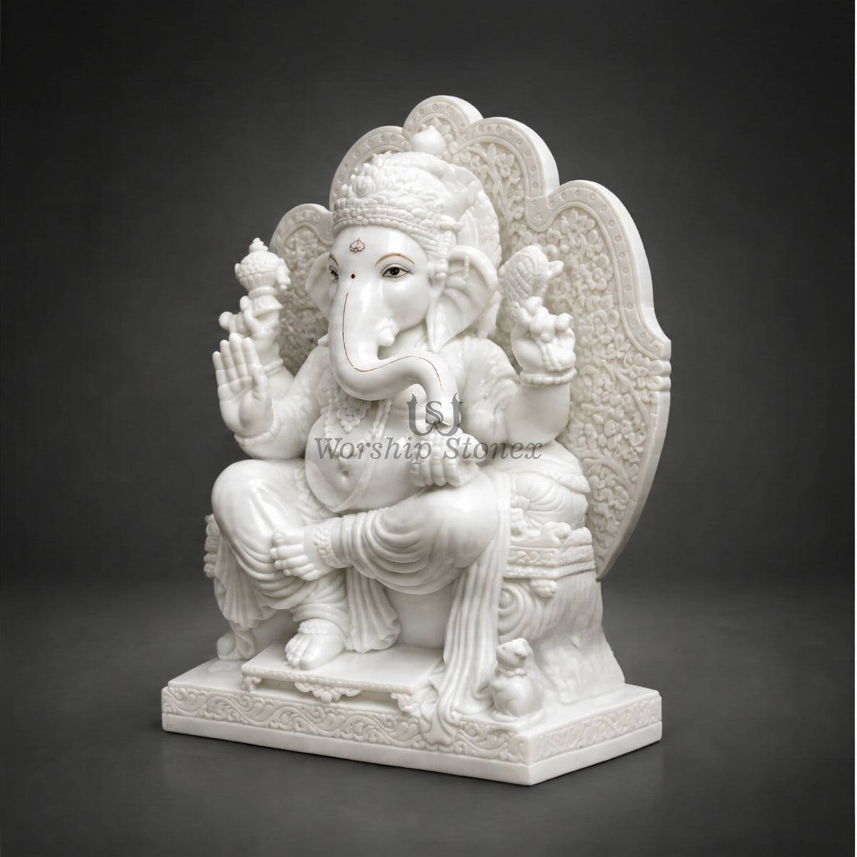 15 Inch Handcrafted White Marble Ganesha Moorti - Intricately Carved Throne Idol