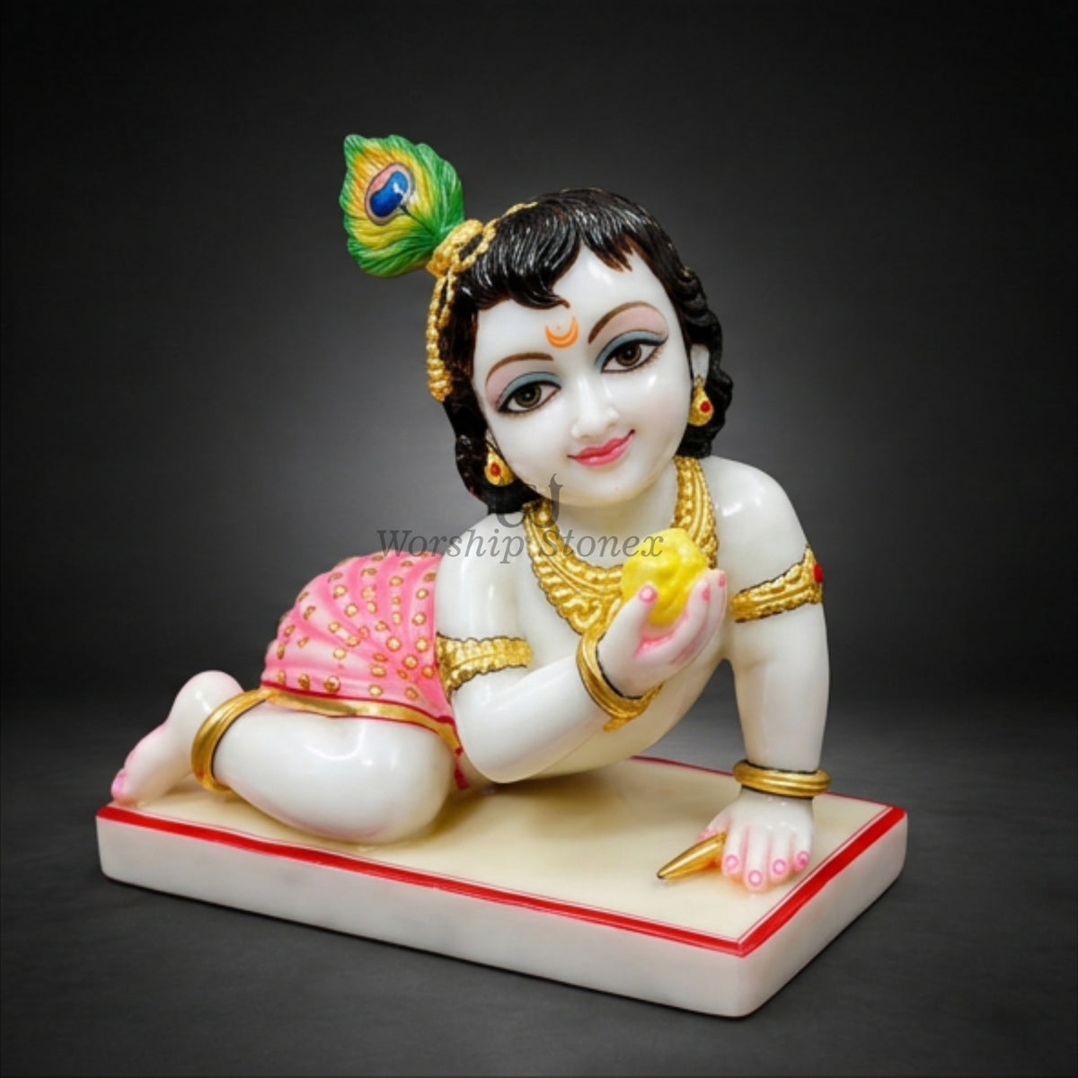 15 Inch Handcrafted White Makrana Marble Laddu Gopal Bal Krishna Murti