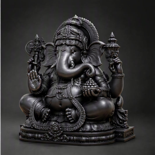 15 inch Premium Black Stone Lord Ganesha Statue with Lotus Base