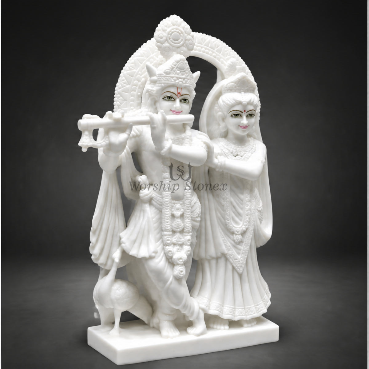 24" White Makrana Marble Radha Krishna Idol with Decorative Halo
