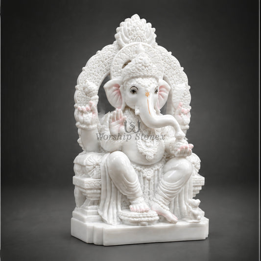 10 Inch White Makrana Marble Ganesha Idol with Intricate Carved Arch – Premium Ganesh Murti