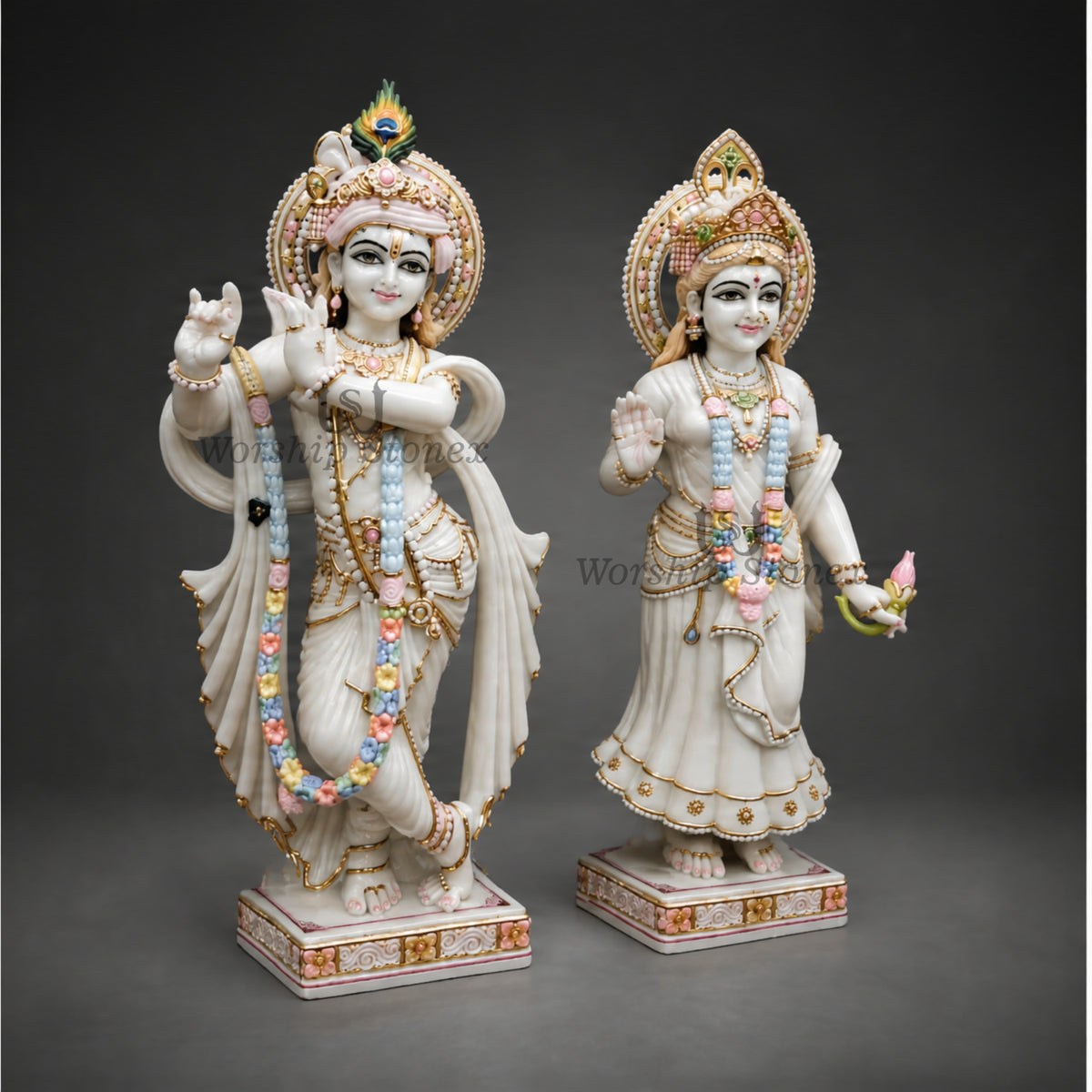 12 inch to 36 inch Makrana White Marble Radha Krishna Statue Set – Standing Pair Idol with Pastel Flower Garlands and Gold Detailing