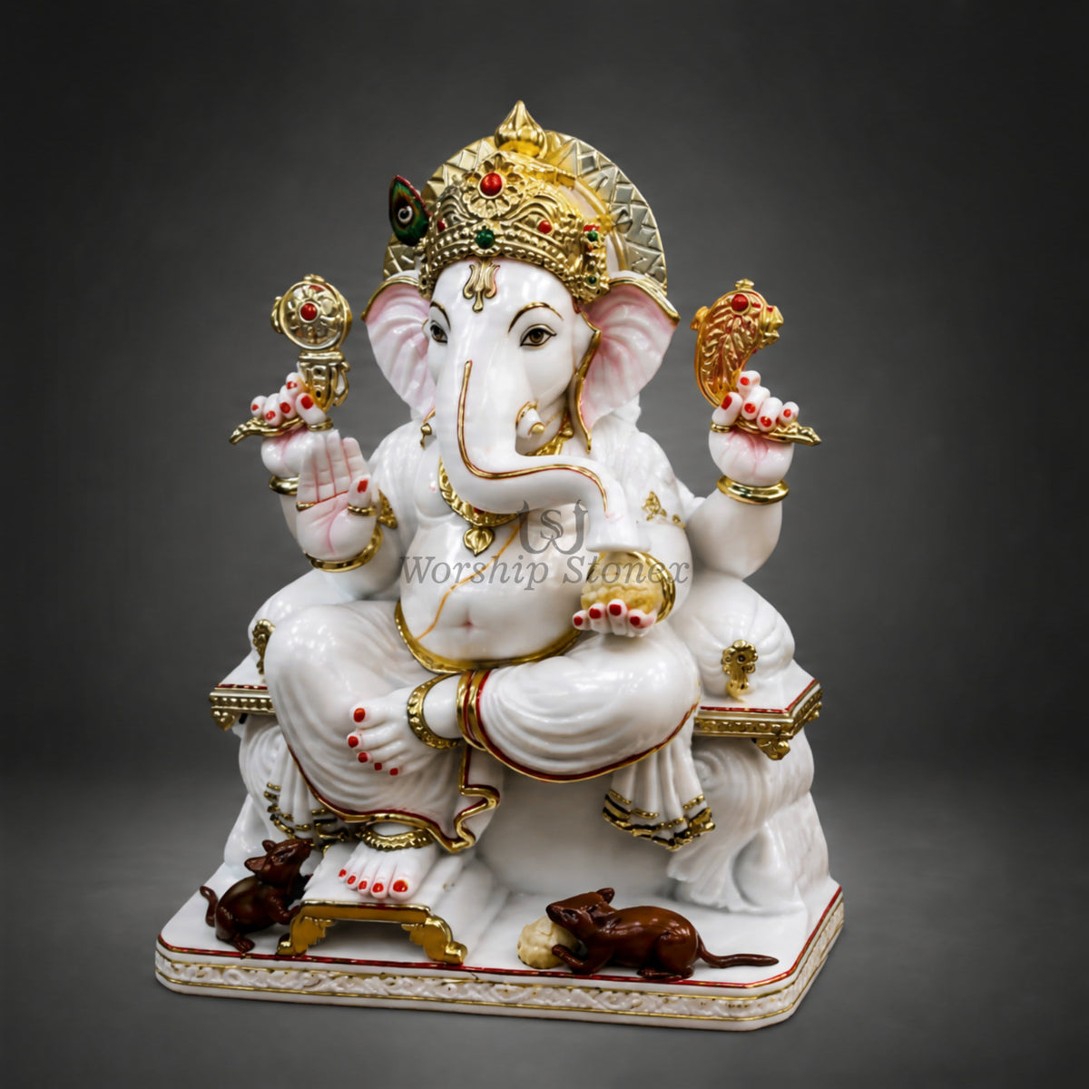 6' to 18' Royal White Marble Ganesha Murti – Gold & Red Handcrafted Ganesh Idol