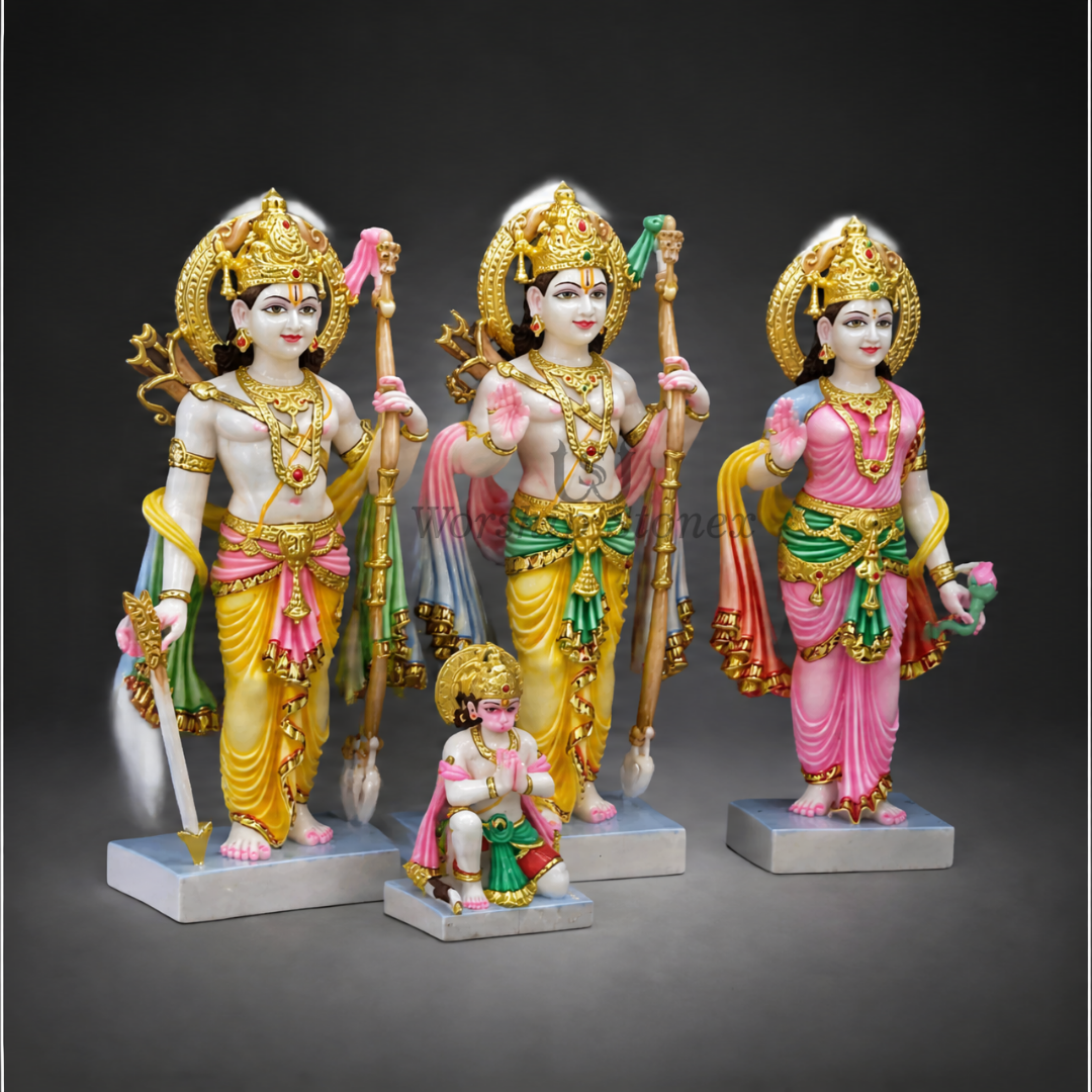 24K Gold Foil Painted Makrana Marble Ram Darbar Statue | Royal Temple Idol handcrafted idol