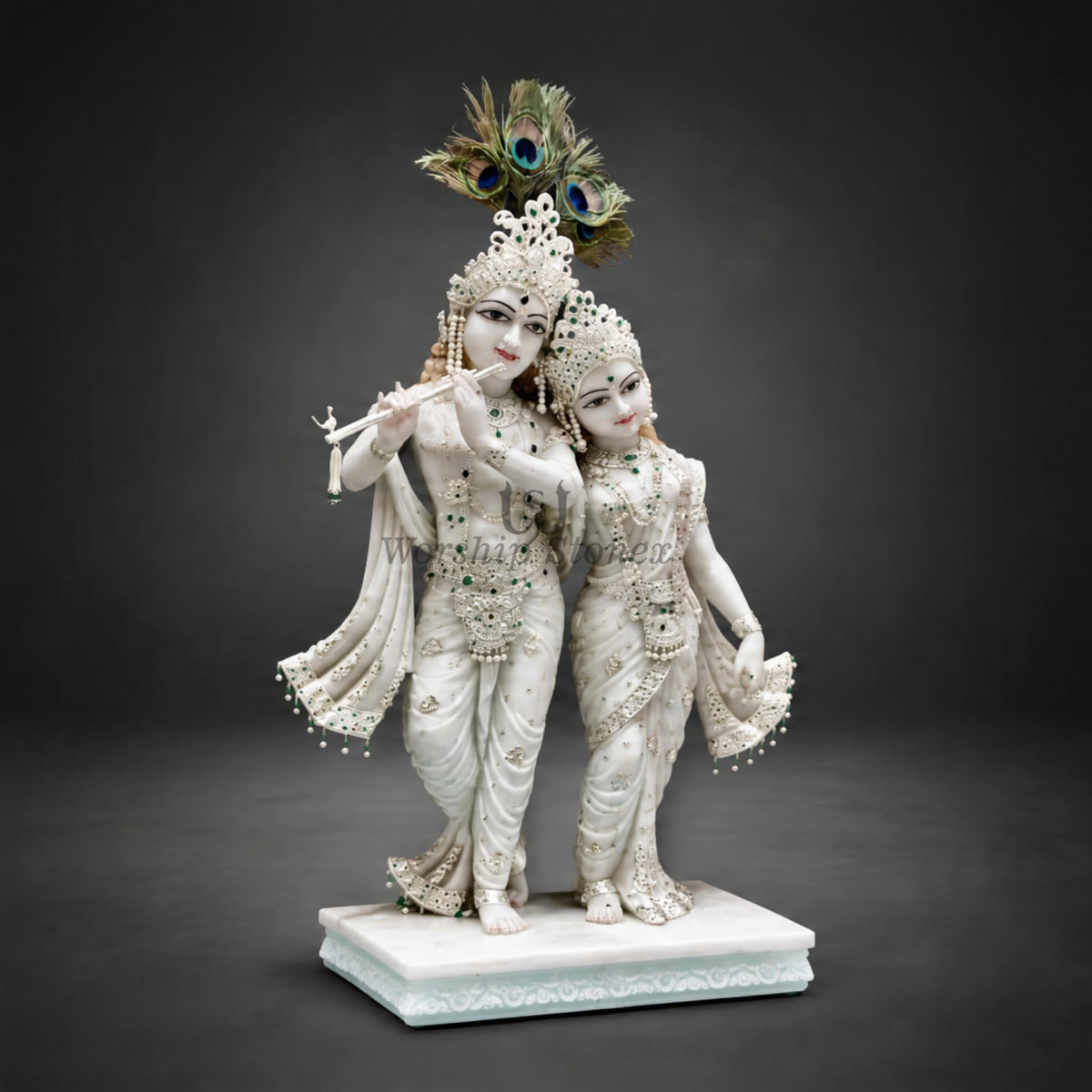 Pure White Makrana Marble Standing Radha Krishna Statue – Divine Yugal Jodi Idol with Emerald & Pearl Ornamentation (Available in Sizes 12 to 36 Inches)