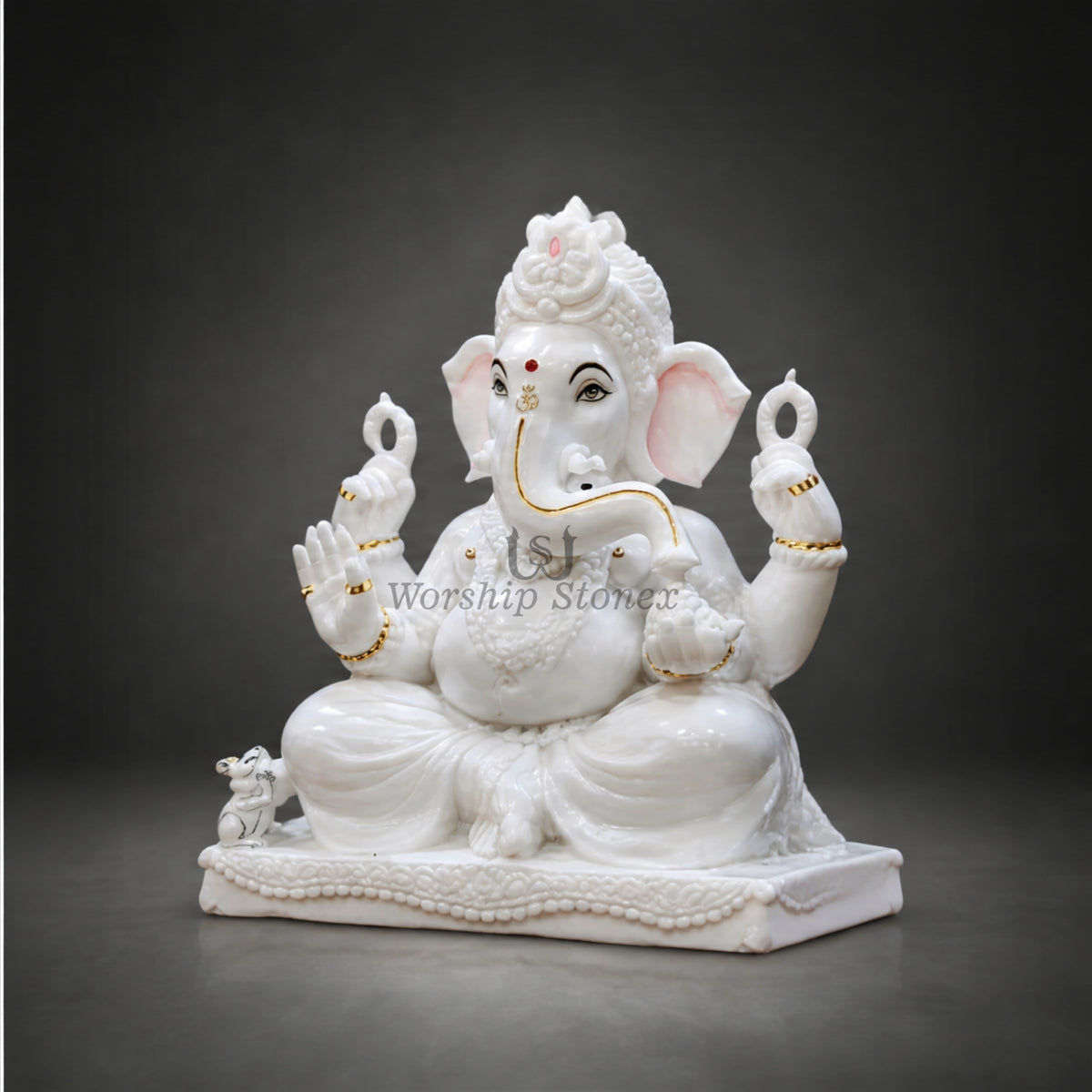 15 inch Vietnam Marble Lord Ganesha Murti – Elegant Seated Ganesh Idol with Intricate Carving