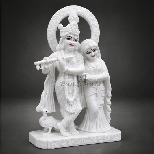 20 inch Makrana Marble Radha Krishna Murti with Peacock and Intricate Carving