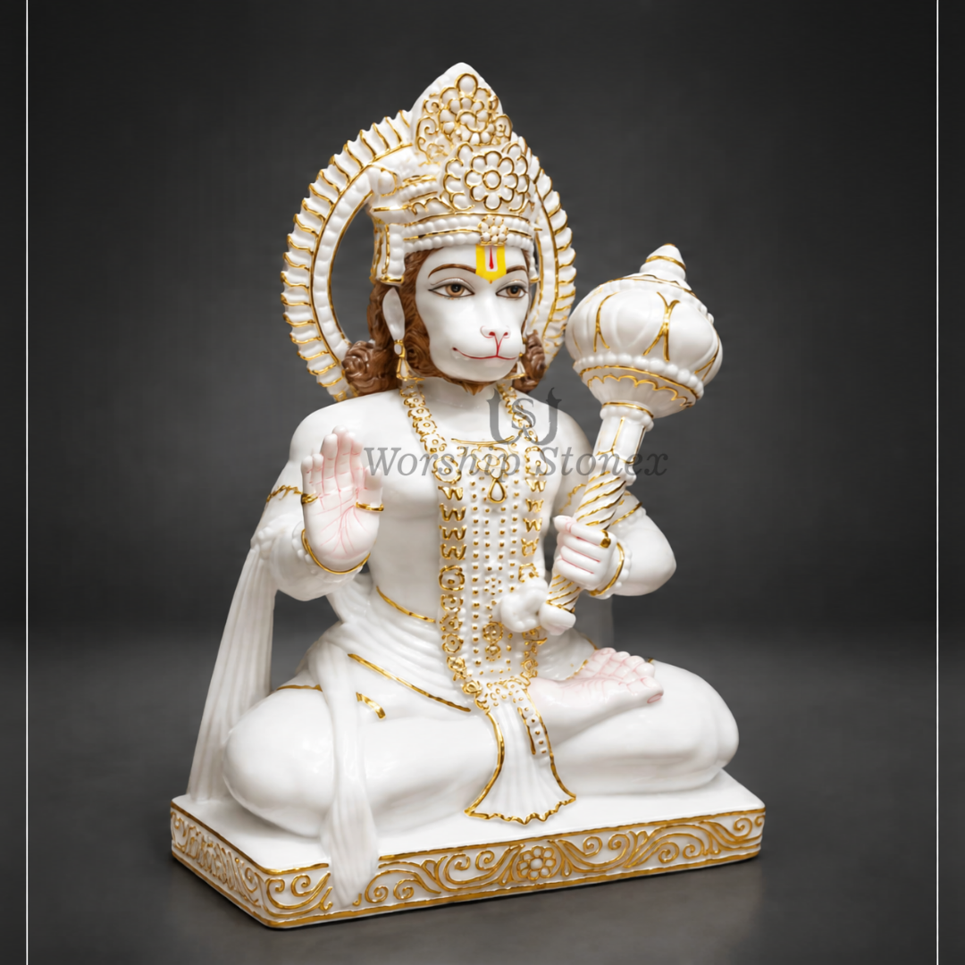 White Vietnam Marble Hanuman Ji Murti with Gold Detailing - 18 inch