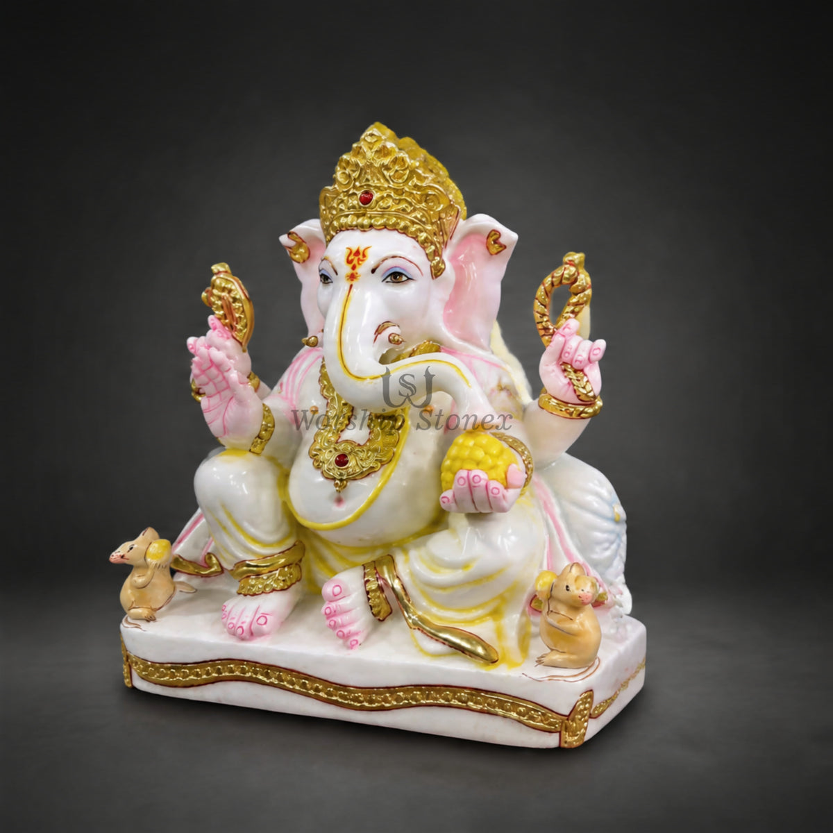 15 Inch White Makrana Marble Ganesha Statue with Rich Gold & Soft Pink Detailing