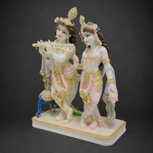 24 inch White Marble Radha Krishna Idol with Peacock – Premium Pink & Gold Finish