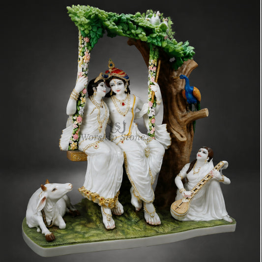 18 inch White Marble Radha Krishna statue,moorti,handmade,idol Jhula with Cow, Peacock & Saraswati