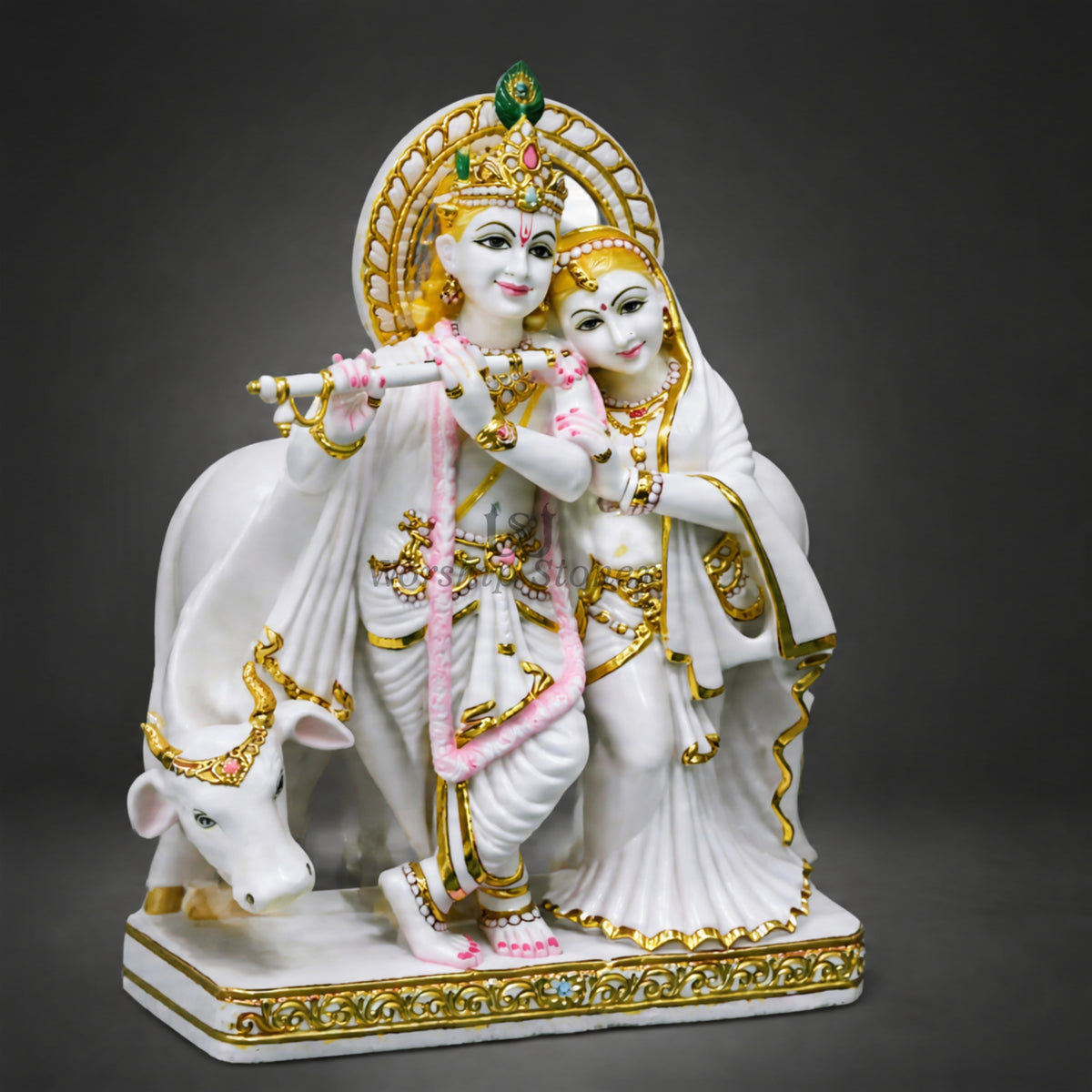 24 inch Makrana Marble Radha Krishna Murti with Cow and Intricate Gold Detailing