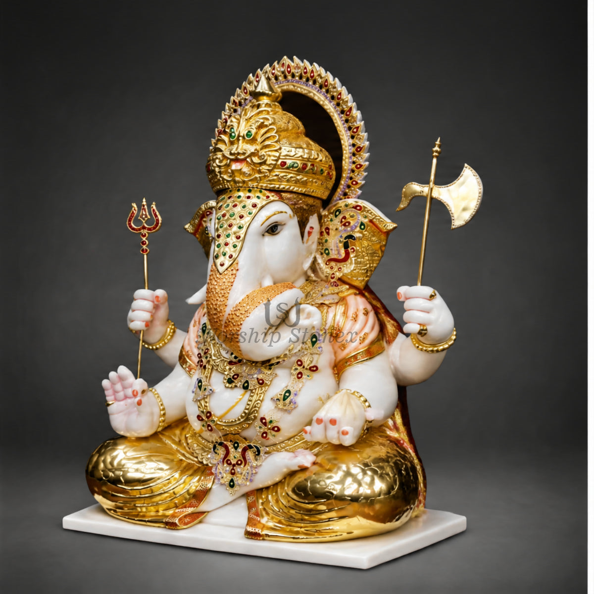 12 inch to 24 inch Gold Painted Makrana Marble Ganesha Statue with Ornate Crown and Trishul