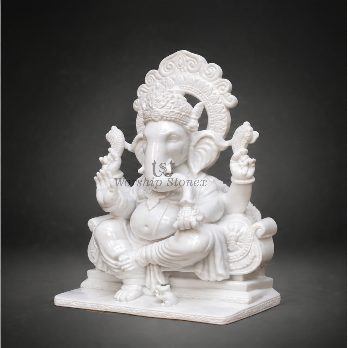 Handcrafted Pure White Makrana Marble Seated Ganesha Statue