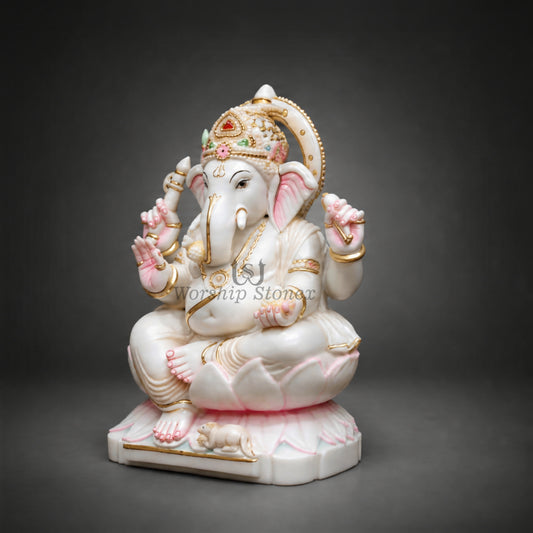 12 Inch Handcrafted White Marble Ganesha Moorti - Pink Lotus Seated Idol
